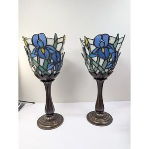 Party Lite Tranquil Stained Glass Candle Holder Set- Iris Flowers!